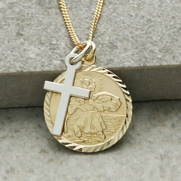 Christopher James of London 9ct Yellow Gold Diamond Cut 19mm St Christopher Pendant With Optional Engraving and Chain