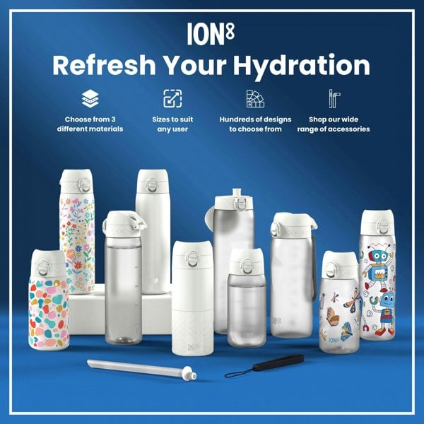 ION8 Leak Proof Slim Water Bottle, Stainless Steel, Robots, 600ml (20oz)