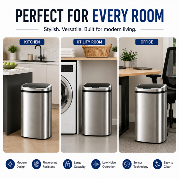GlamHaus Sensor Bin, Motion Sensing 60L For Kitchen, Soft Close With Supplied Power Adaptor Or Battery Operated