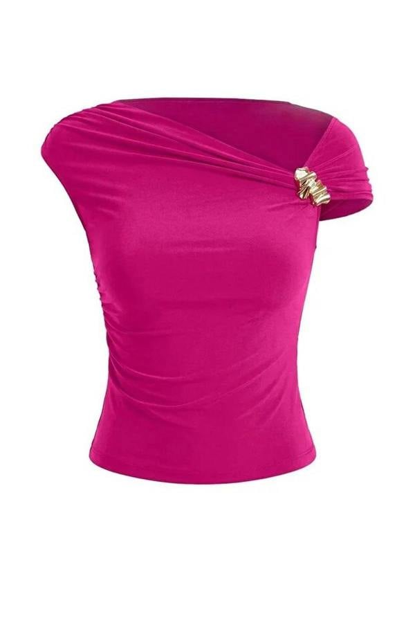 WOVCOR Fitted Asymmetrical Neckline Blouse with Accessory Detail Knit