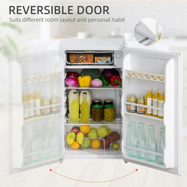Open reversible door on a white mini fridge with interior shelves and door bins filled.