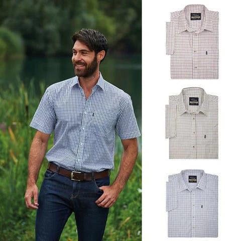 Champion Tattersall short sleeve shirts shown in blue, red, and green checks side by side