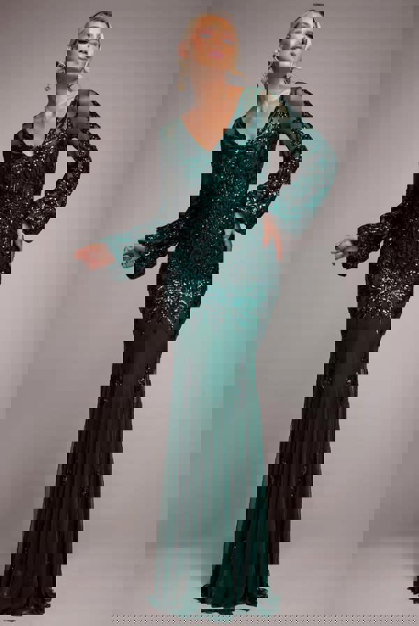 Embellished Sequin Bishop Sleeve Maxi Dress - Emerald Green DR4634