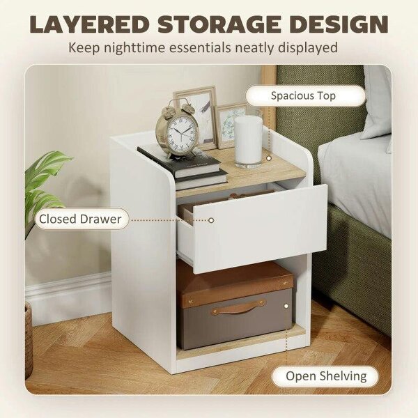 Modern Bedside Table, Slim Nightstand with Drawer, Shelf and Cable Holes, White and Oak
