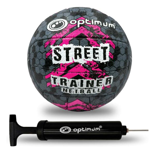 Optimum Street Trainer netball (black, grey, pink) with black Optimum hand pump on white background - Optimum