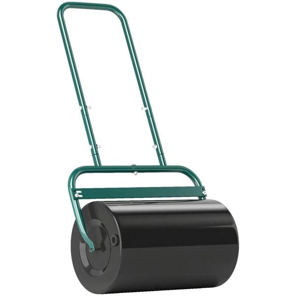 Dark green steel lawn roller with black fillable drum and U-shaped handle