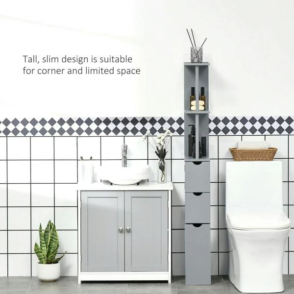 Grey corner bathroom cabinet with open shelves and two drawers, tall slim frame.