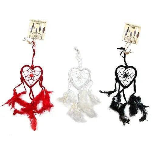 Set of three heart dreamcatchers: red, white, and black with feather fringes
