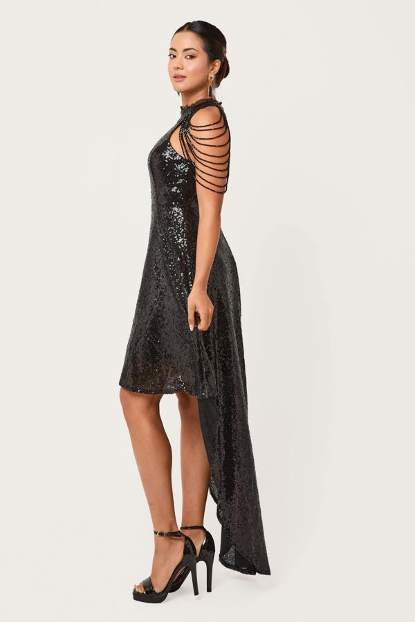 LuvForever Rinsha -  Black Sequin Hi-Lo Mini Dress