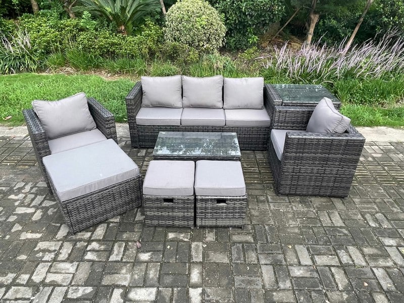 Fimous Outdoor Rattan Garden Furniture Set with 3 Seater Sofa Coffee Table Side Table 2 Armchairs 3 Footstools Patio Lounge Sofa Set Dark Grey Mixed