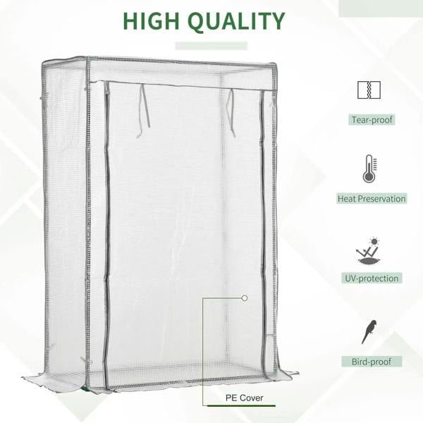 White mini greenhouse with clear PE cover, roll-up door, and reinforced frame