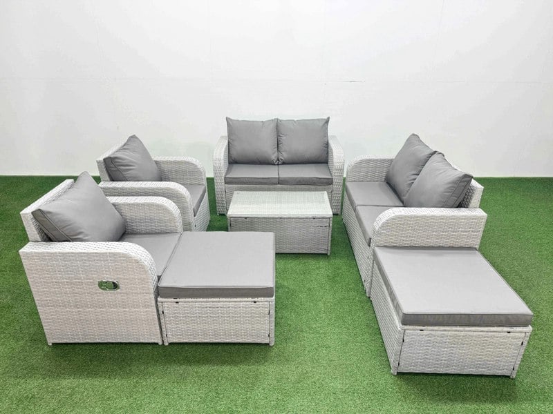 Fimous 8 Seater Outdoor Reclining Chair Love Sofa Set Rattan Garden Furniture Set with Rectangular Coffee Table 2 Big FootStools Light Grey