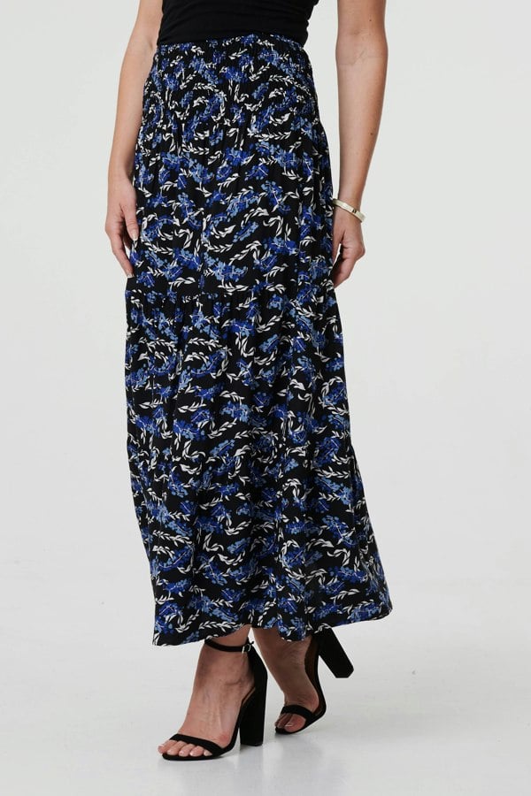 Blue | Floral High Waist Shirred Maxi Skirt
