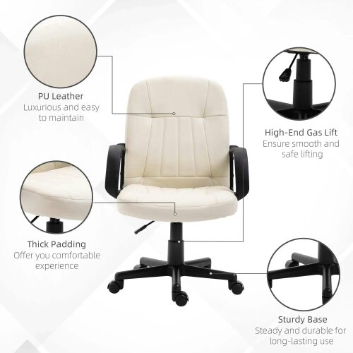 Bobobiy Desk Chair, PU Leather Computer Office Chair with Adjustable Height, Swivel Wheels for Home Work Study, Cream White