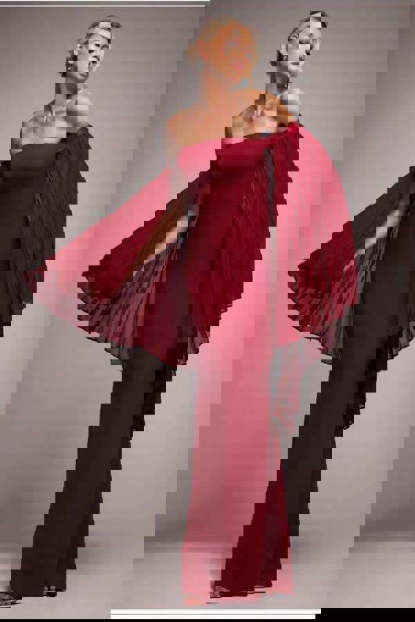 Strapless Maxi Dress With Pleated Chiffon Cape - Burgundy DR4832