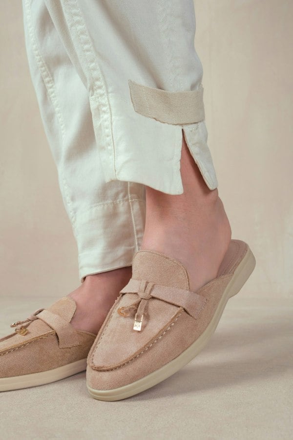 Where's That From Twilight Wide Fit Flat Slip on Loafer With Tassel Detail in Khaki Suede