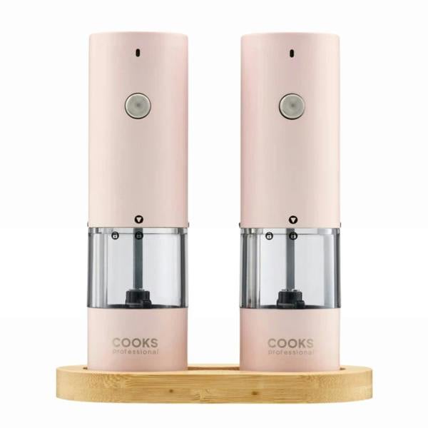 Cooks Professional Rechargeable Salt and Pepper Mill Set with Bamboo Base | Pink