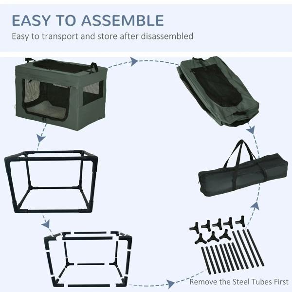 Grey foldable pet carrier with frame pieces and storage bag for transport