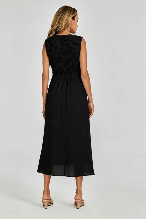 FS Collection Shirred Midi Dress with Sleeveless V-Neck In Black