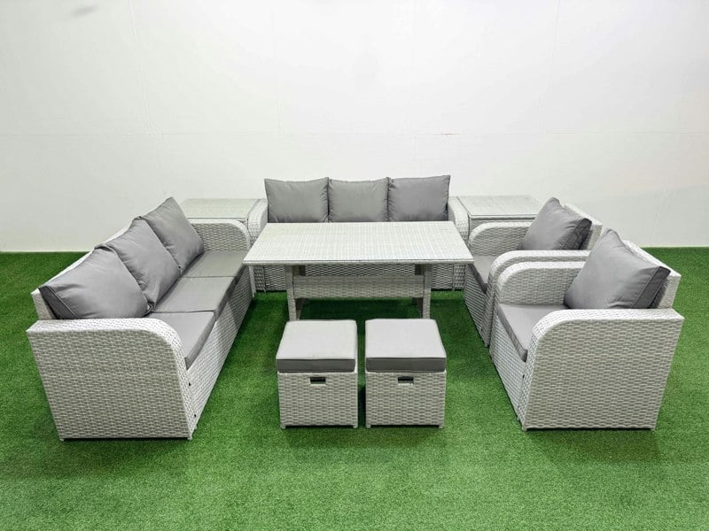 Fimous Light Grey PE Rattan High Back Lounge Set - Rectangular Dining Table, 3-Seater Sofa, Reclining Chair & 2 Side Tables