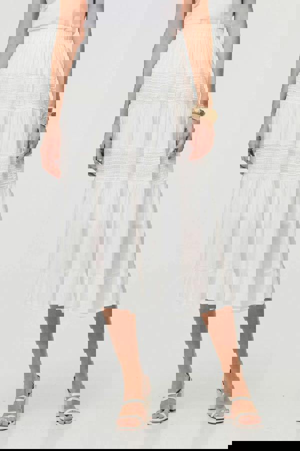 White | High Waist Lace Tiered Midi Skirt