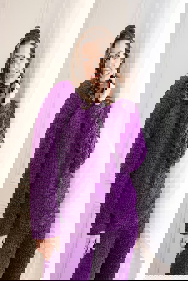 Camille Womens Purple Supersoft Fleece Textured Woven Pattern Pyjama Set