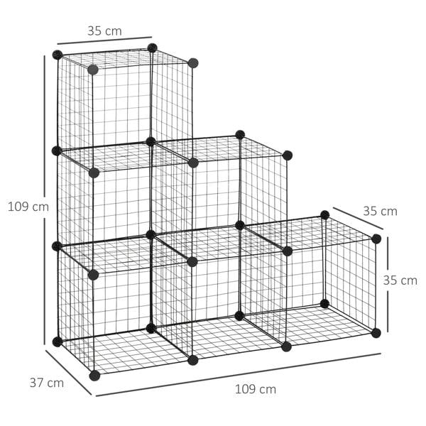 Black wire cube storage rack with 6 interlocking compartments, open grid design