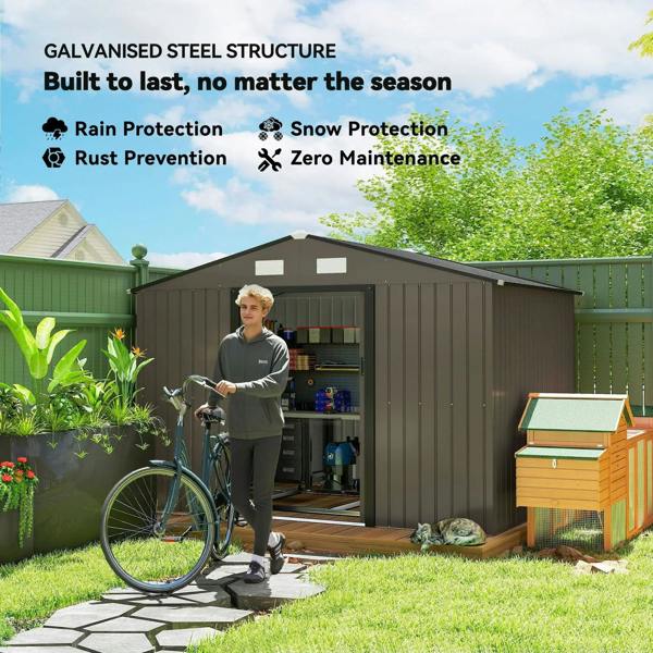 Brown metal garden shed with open double doors and built-in storage interior