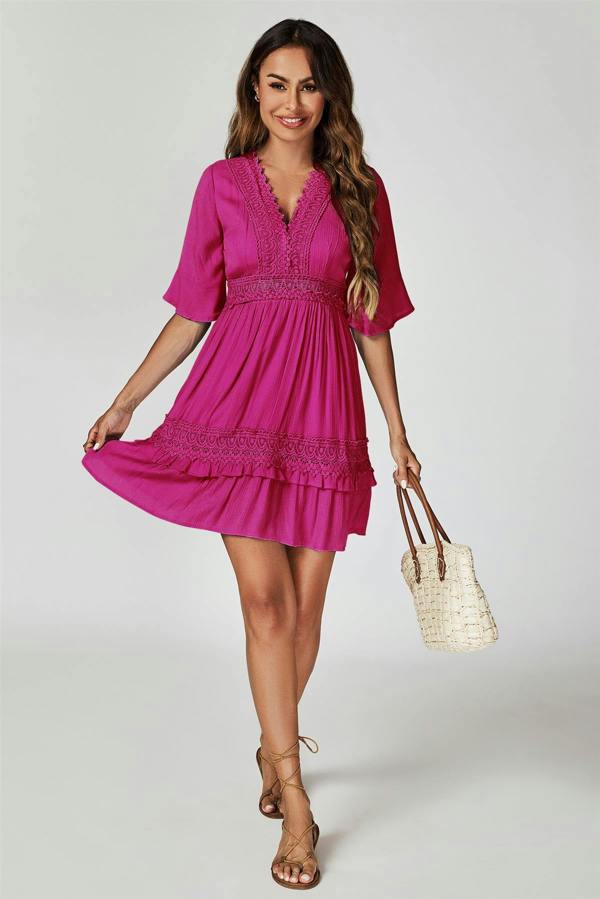 FS Collection V Neck Lace Mini Dress In Fuchsia