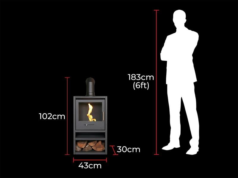 OKO S1 Bio Ethanol Stove with Log Storage in Charcoal Grey & Angled Stove Pipe