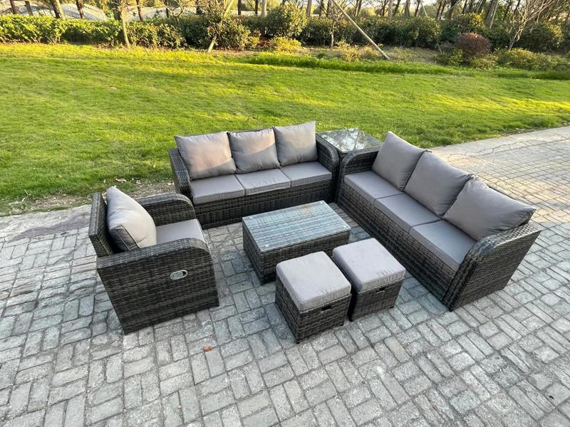 Fimous 9 Seater Outdoor Set, Rattan, Patio Table, 3 Seater Sofa, Reclining Chair, 3 Seater Sofa, Side Table and 2 Small Footstools, Dark Grey Mixed