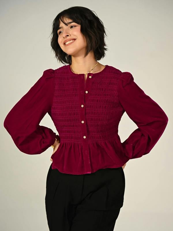 Rose & Nancy Maddie Burgundy Smocked Velvet Blouse