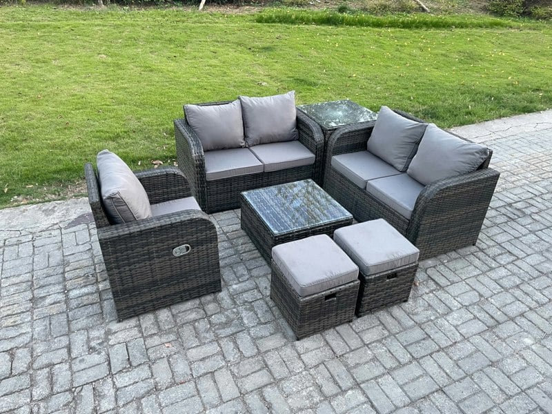 Fimous 7-Piece Outdoor Patio Furniture Set - Dark Grey Mixed Wicker Rattan Sofa Chair and Table with 2 Small Footstools