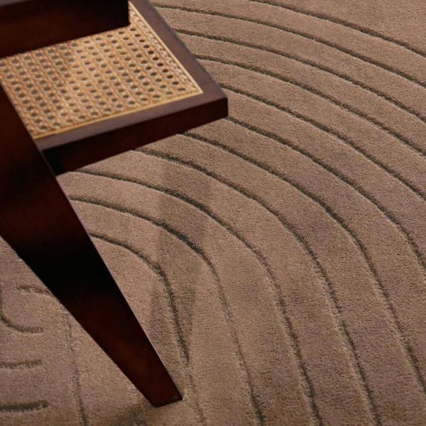 Brown textured carpet with a wooden step and woven mat
