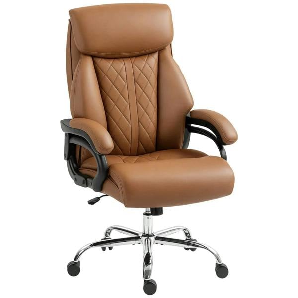 Light brown faux leather office chair with quilted back, padded arms, chrome base