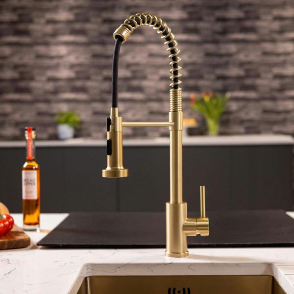 Flode Fjädra | Pull Out Kitchen Sink Mixer Tap | Spring Style Mixer Tap | Brushed Brass | Round Head