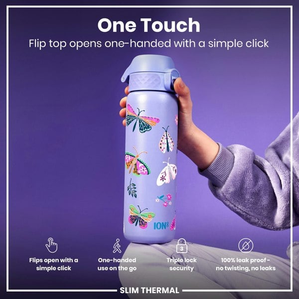 ION8 Leak Proof Slim Thermal Steel Water Bottle, Insulated, Butterfly, 500ml (17oz)