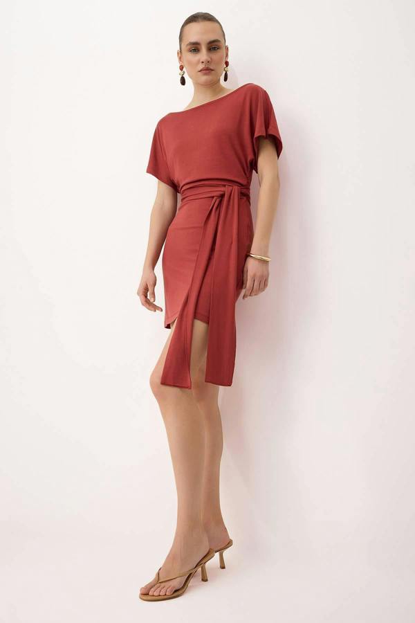 WOVCOR Bodycon Asymmetric Neck Tie Detail Short Sleeve Mini Dress