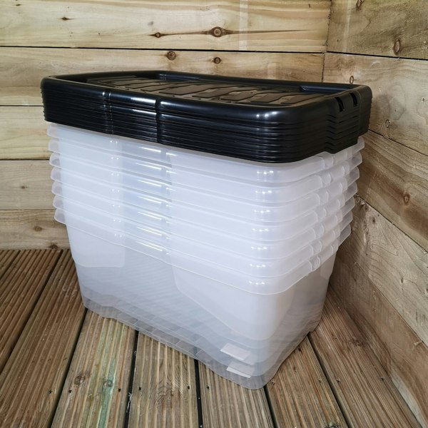 Samuel Alexander 8 x 42L Clear Storage Box with Black Lid, Stackable and Nestable Design Storage Solution