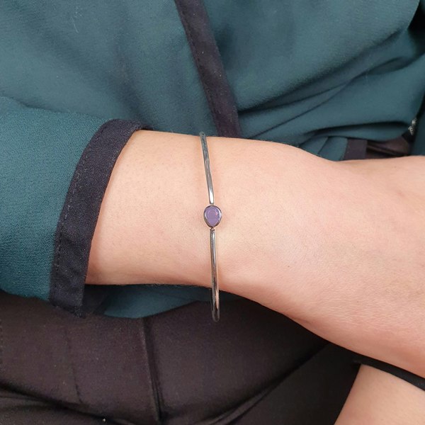 Minimalist Sterling Silver Amethyst February Birthstone Bangle Bracelet