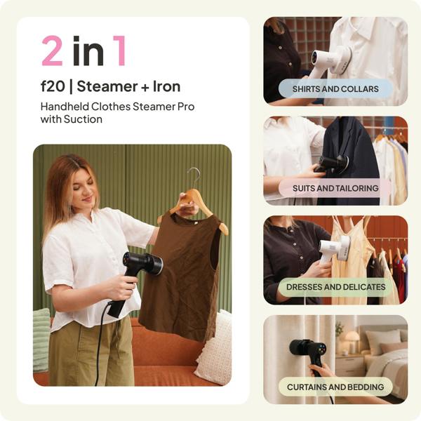 A woman uses the Fridja f20 Handheld Clothes Steamer Pro with Suction on a brown shirt. Four side images display the device being used on shirts, suits, dresses, and curtains. Text highlights it as a 2-in-1 steamer and iron suitable for various fabrics.