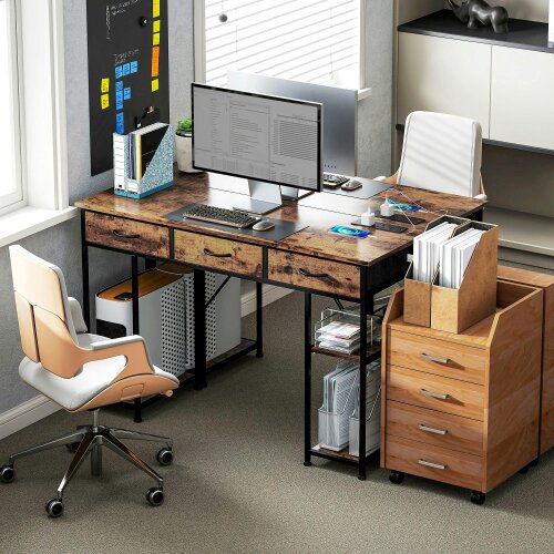 Wyld Haus Hariva 120cm Wooden Rustic Brown Home Office Desk With Power Sockets 3 Fabric Drawers And 4 Storage Shelves