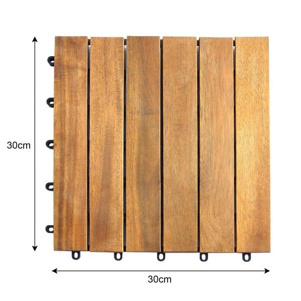 Natural wooden decking tiles in rich brown hues, featuring a smooth texture and interlocking design, measuring 30cm by 30cm