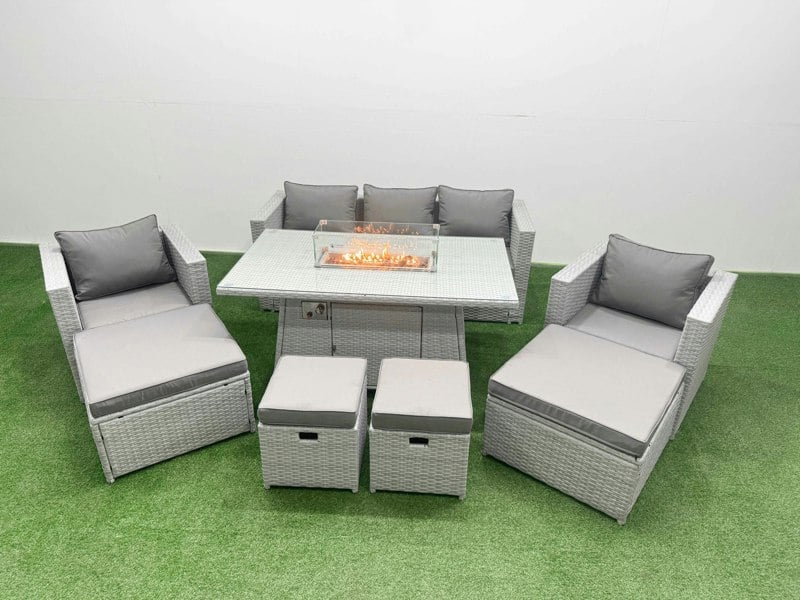 Fimous 9 Seat PE Rattan Lounge Sofa Set Outdoor Garden Furniture Set with Fire Pit Dining Table 3 Seater Sofa 4 Footstools Light Grey