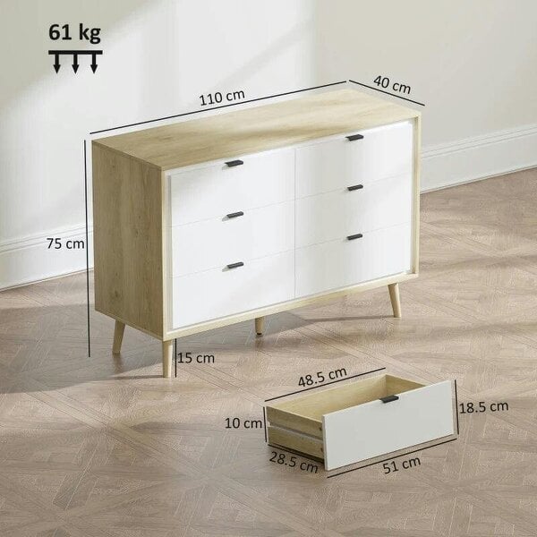 Storage Cabinet, Chest of Drawers with 6 Drawers and 5 Legs for Bedroom, High Gloss White