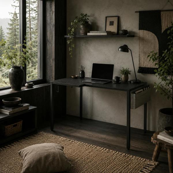 Wyld Haus Monotta 145cm Metal Black L Shaped Gaming Desk With Cable Management Fabric Storage and Hooks