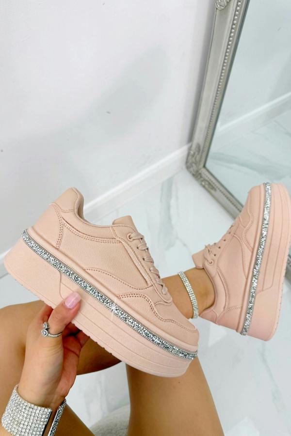 Crystal Diamante Trim Platform Trainers Pink, showing chunky platform sole for added height and comfort