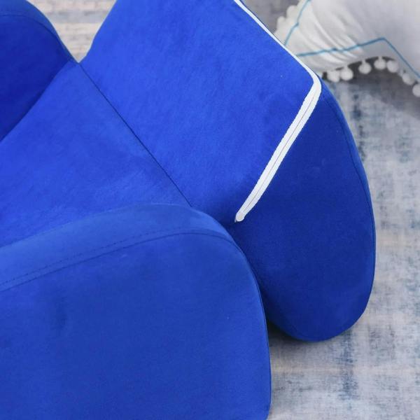 Blue padded armrest and backrest of kids sofa bed with white piping detail