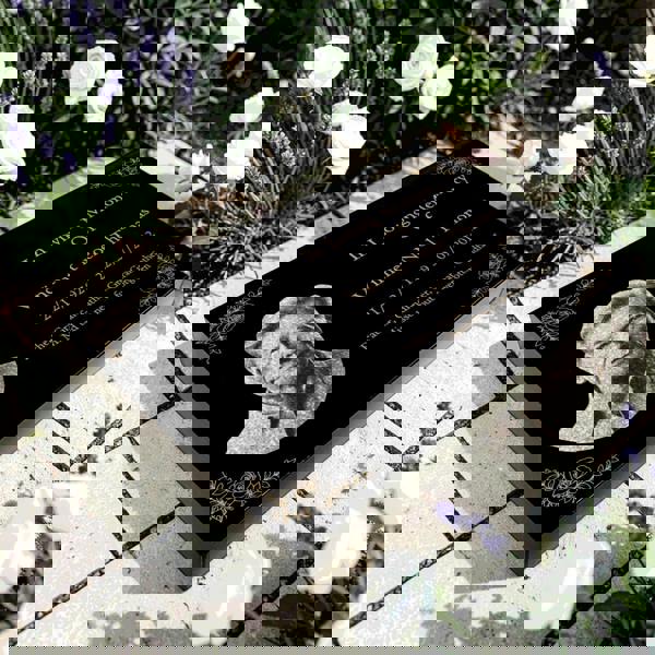 Memorials Direct Granite Memorial Tablet with Floral Border, Engraved Photo, Free Personalised Gold Engraving, Polished Black Granite