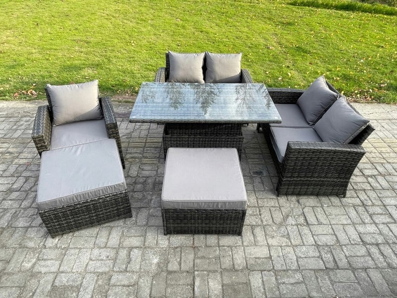 Fimous 7 Seater Wicker Rattan Garden Furniture Rising Table Set with 2 Big Footstool Double Seat Sofa Armchairs Dark Grey Mixed